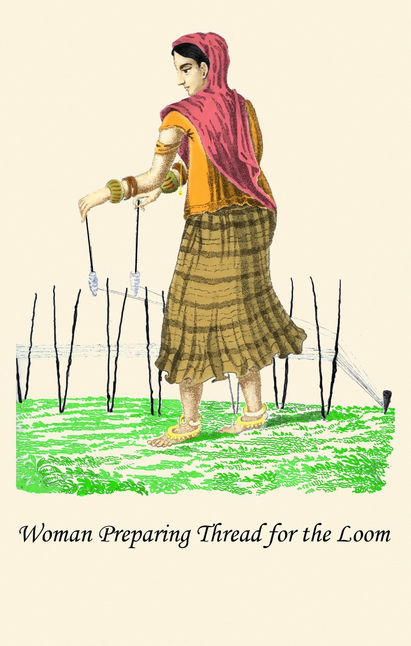 Frau bereitet Faden für den Webstuhl vor von Unknown Artist