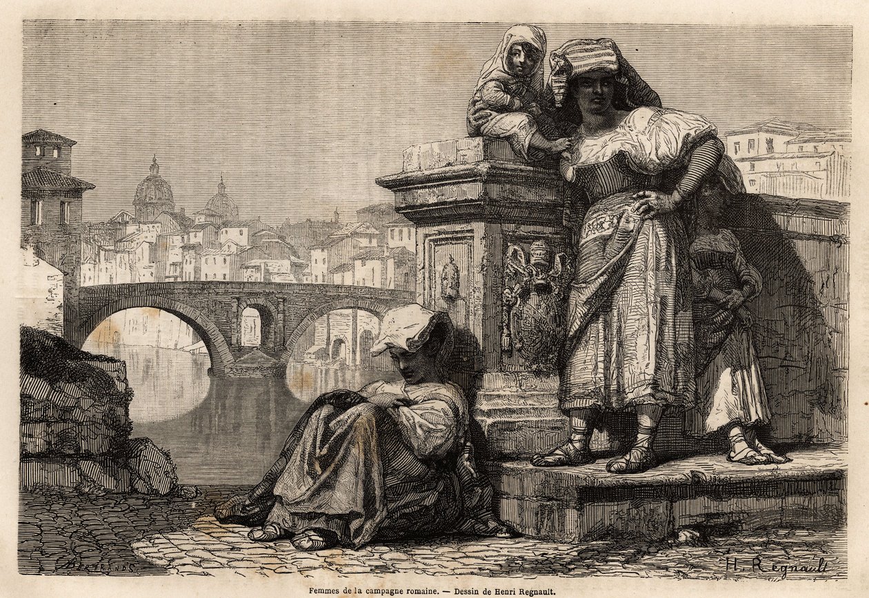 Frauen und Kinder der römischen Landschaft ruhen sich am Ufer des Tiber aus, im Hintergrund: die Kuppeln der Petersbasilika im Vatikan. Gravur zur Illustration der Reise nach Rom, von Francis Wey, 1864-1868, veröffentlicht in "Le tour du monde, nouveau jou von Unknown artist
