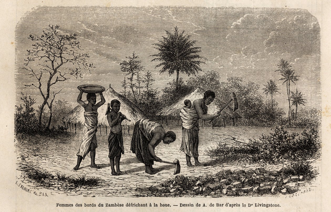 Frauen von den Ufern des Zambezi roden mit einer Hacke und führen Kinder in die landwirtschaftliche Arbeit ein. Gravur zur Illustration von Dr. Livingstones ersten Reisen nach Südafrika von 1840 bis 1856, in „Le tour du monde, nouveau journal des voyages“  von Unknown artist