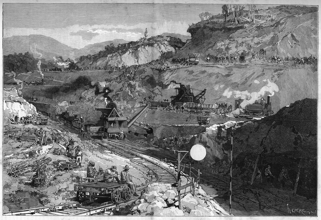 Arbeiter auf der Baustelle in Lower Obispo für den Bau des Panamakanals. Gravur in "Le Monde Illustré" von Unknown artist