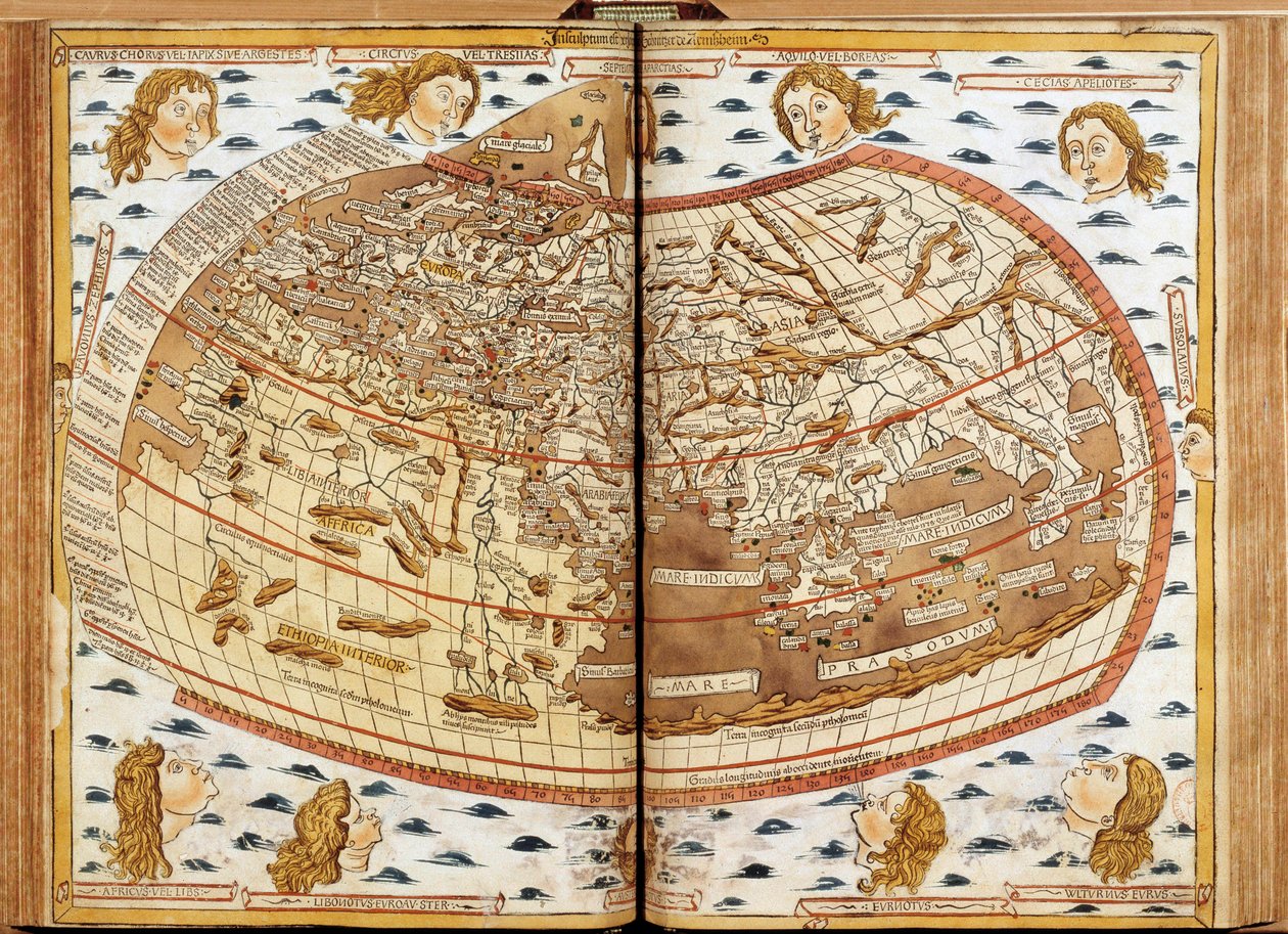 Weltkarte von Claudius Ptolemäus. Die menschlichen Köpfe, die Luft blasen, stellen die verschiedenen Winde dar (deren Namen angegeben sind). In „Lateinische Geographie. Beatissimo Patri Paulo Secundo Pontifici Maximo. Donis Nicolaus“. Geographisches Manusk von Unknown artist