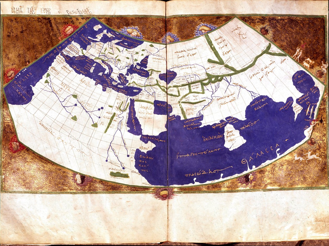 Weltkarte von Claudius Ptolemäus (Claude Ptolemée, 90-168 n. Chr.), griechischer Astronom und Astrologe - Darstellung der flachen Erde ohne Nord- und Südpol und ohne amerikanische Kontinente - 15. Jahrhundert Manuskript - Venedig, Biblioteca Marciana von Unknown artist
