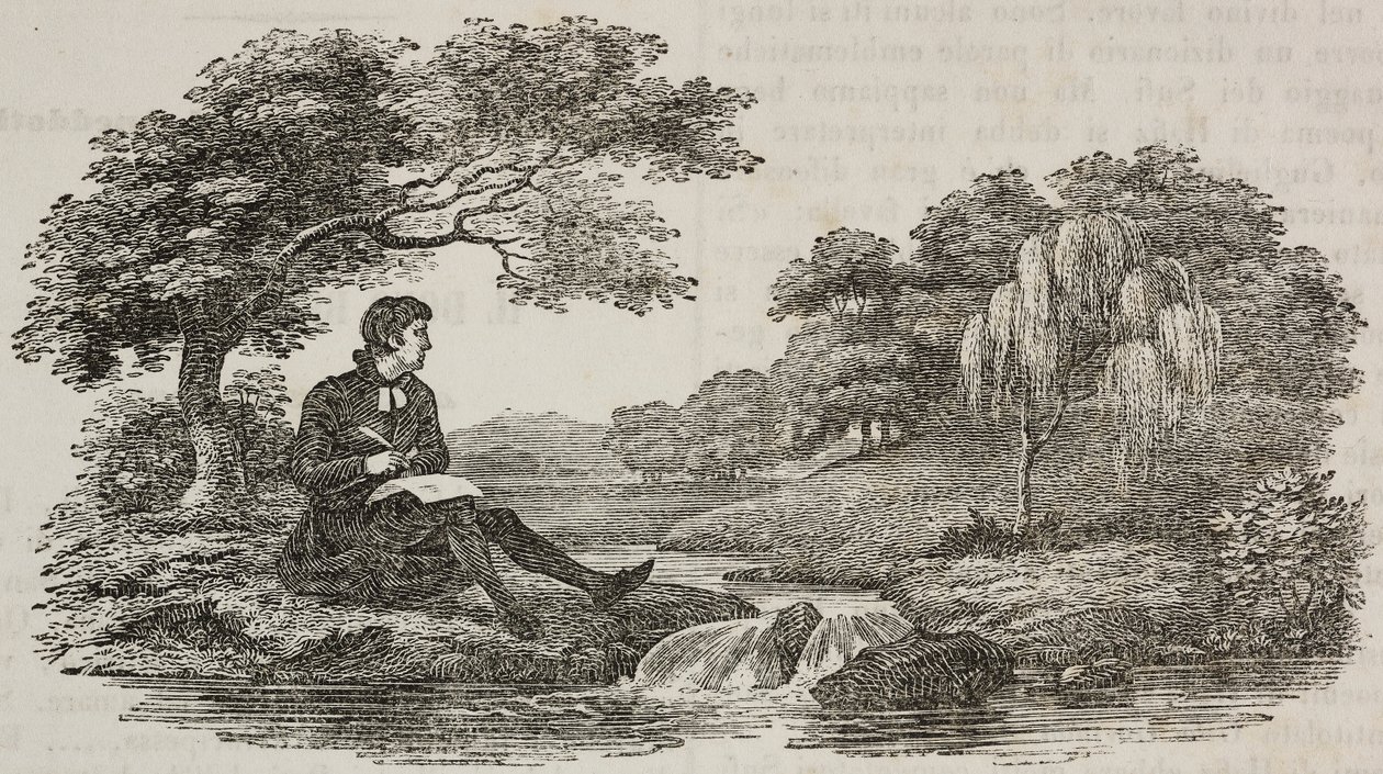 Schriftsteller unter Baum vor Bach, Illustration aus Teatro universale, Raccolta enciclopedica e scenografica, Nr. 575, 19. Juli von Unknown artist