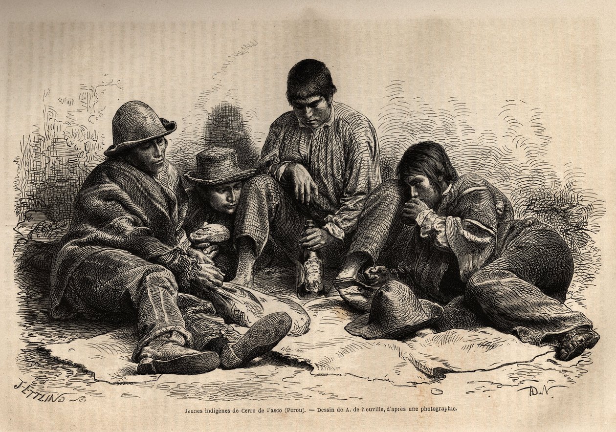 Junge Indianer aus Cerro de Pasco (Zentralperu), versammeln sich zum Frühstück. Gravur zur Illustration Les iles Chincha, rect von L. Simonin, 1860, veröffentlicht in „Le tour du monde, nouveau journal des voyages“, herausgegeben von Edouard Charton von Unknown artist
