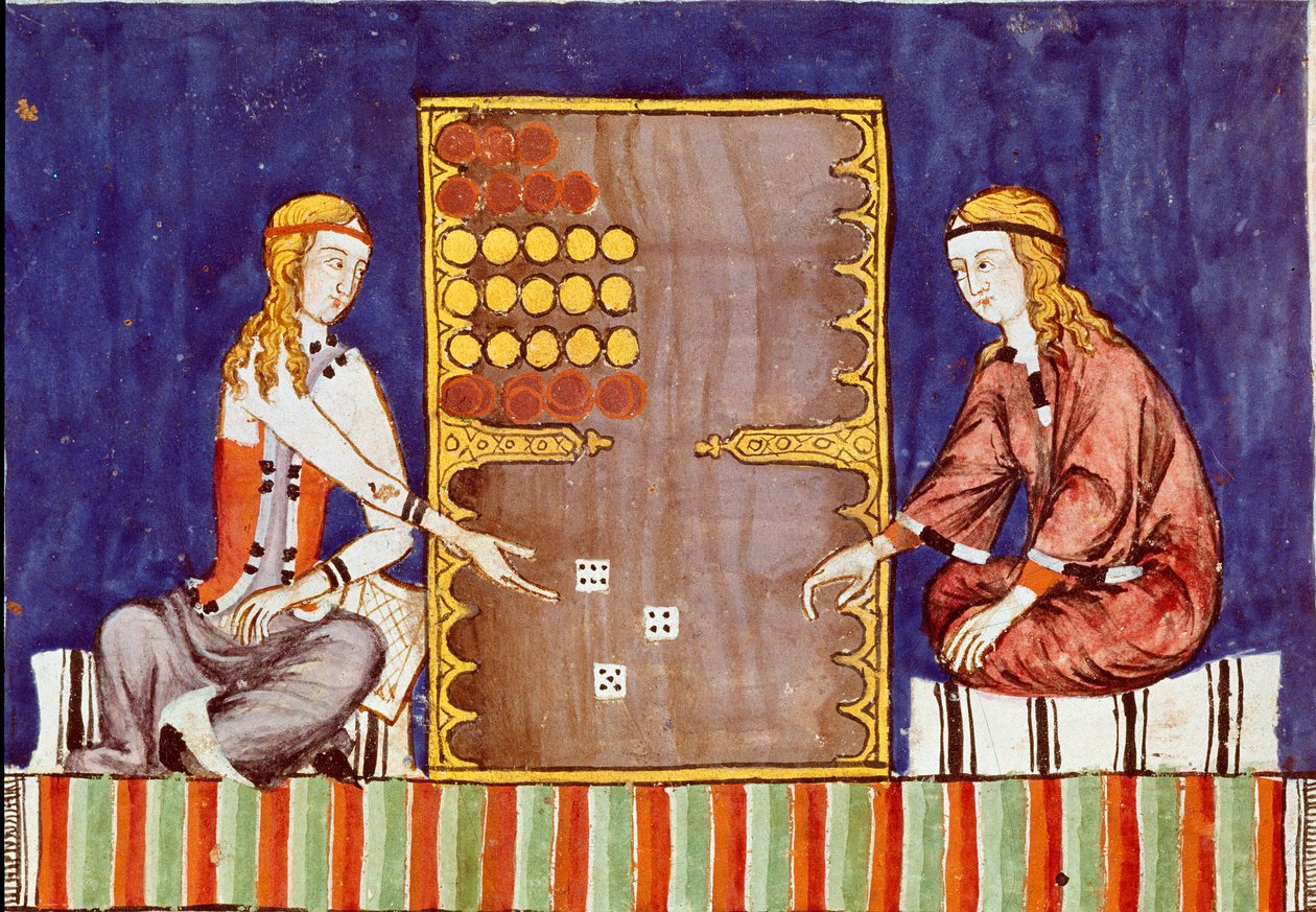 Junge Frauen spielen Tric Trac, Vorläufer von Backgammon - Miniatur aus dem Manuskript „Libro de los juegos“ von Alfons X. dem Weisen von Unknown artist