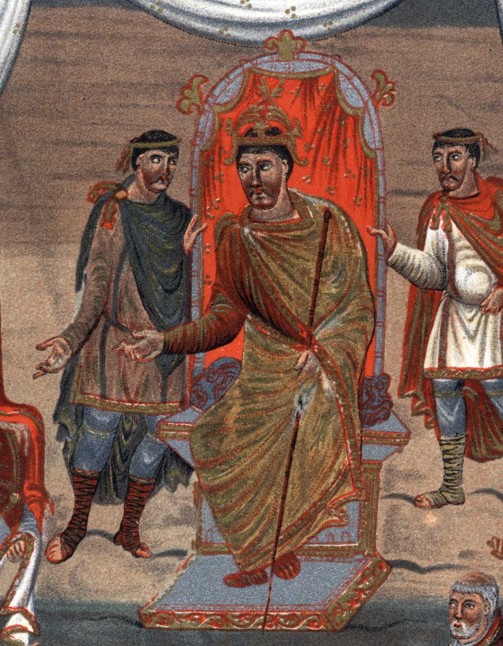 (Detail) Karl II. der Kahle, König von Frankreich, empfängt eine Delegation von Mönchen aus Tours. Faksimile in Chromolithographie des 19. Jahrhunderts nach einer Miniatur des 10. Jahrhunderts von Unknown artist