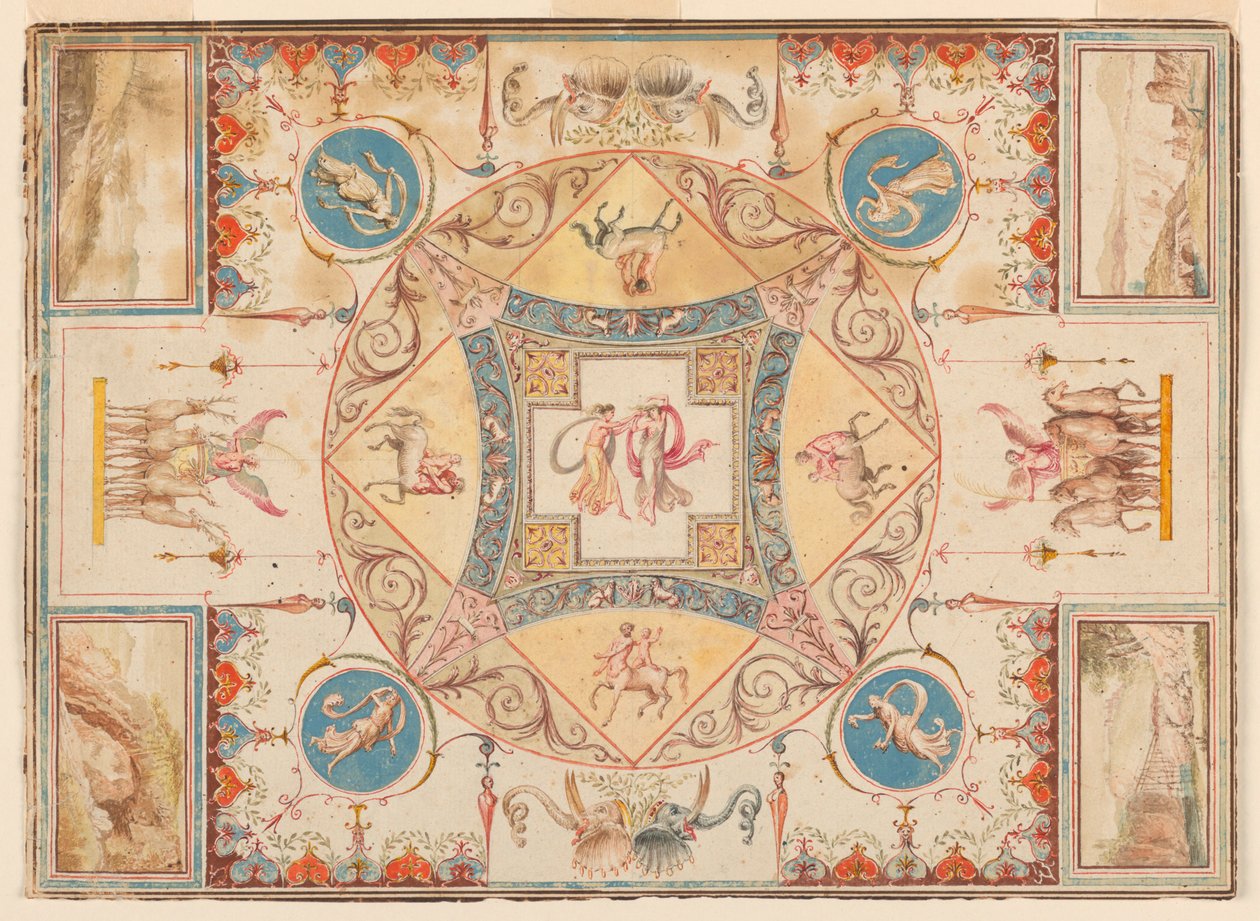 Decke in Hadrians Villa, mit Nymphen, Kentauren, Hirschen und Elefanten von Unknown, Italian