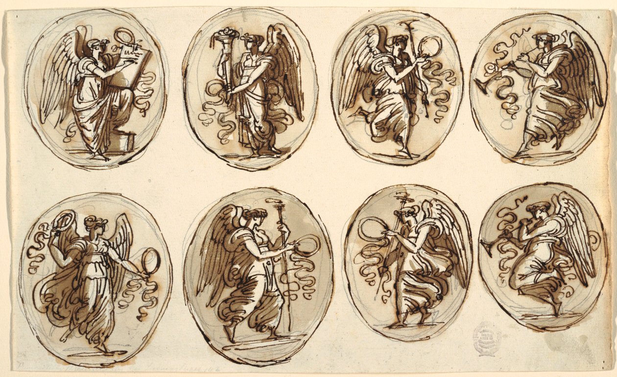 Zeichnung, Deckendesign, Geschichte, Überfluss in sechs Ovalen, Sala di Ercole ed Ebe, Palazzo Gessi, Faenza, 1813 von Unknown artistUnknown artist