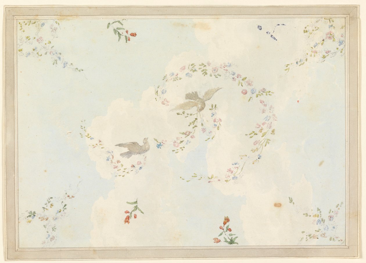 Zeichnung, Deckengestaltung mit Tauben und Blumengirlanden, möglicherweise für die Eingangshalle, 1815–1822 von Unknown artistUnknown artist