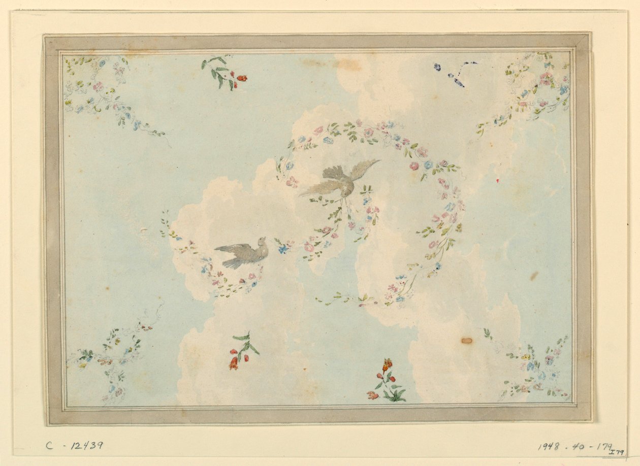 Zeichnung, Deckendesign mit Tauben und Blumengirlanden, möglicherweise für die Eingangshalle, 1815–1822 von Unknown artistUnknown artist