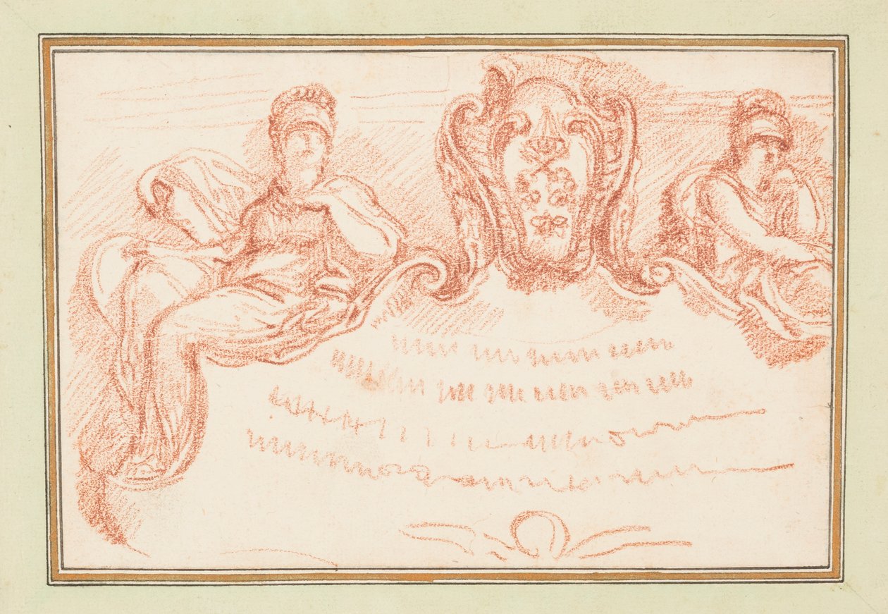 Zeichnung, Deckendetail mit zwei sitzenden Figuren und Wappenschild, ca. 1759–70 von Unknown artistUnknown artist