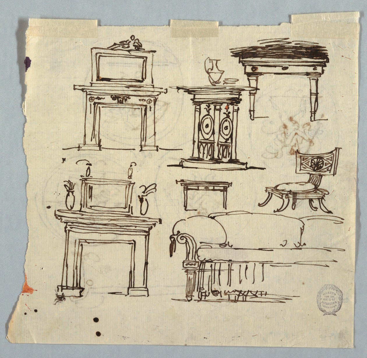 Zeichnung, Kaminstücke, Möbel und Deckenmedaillon, 1790–1810 von Unknown artistUnknown artist