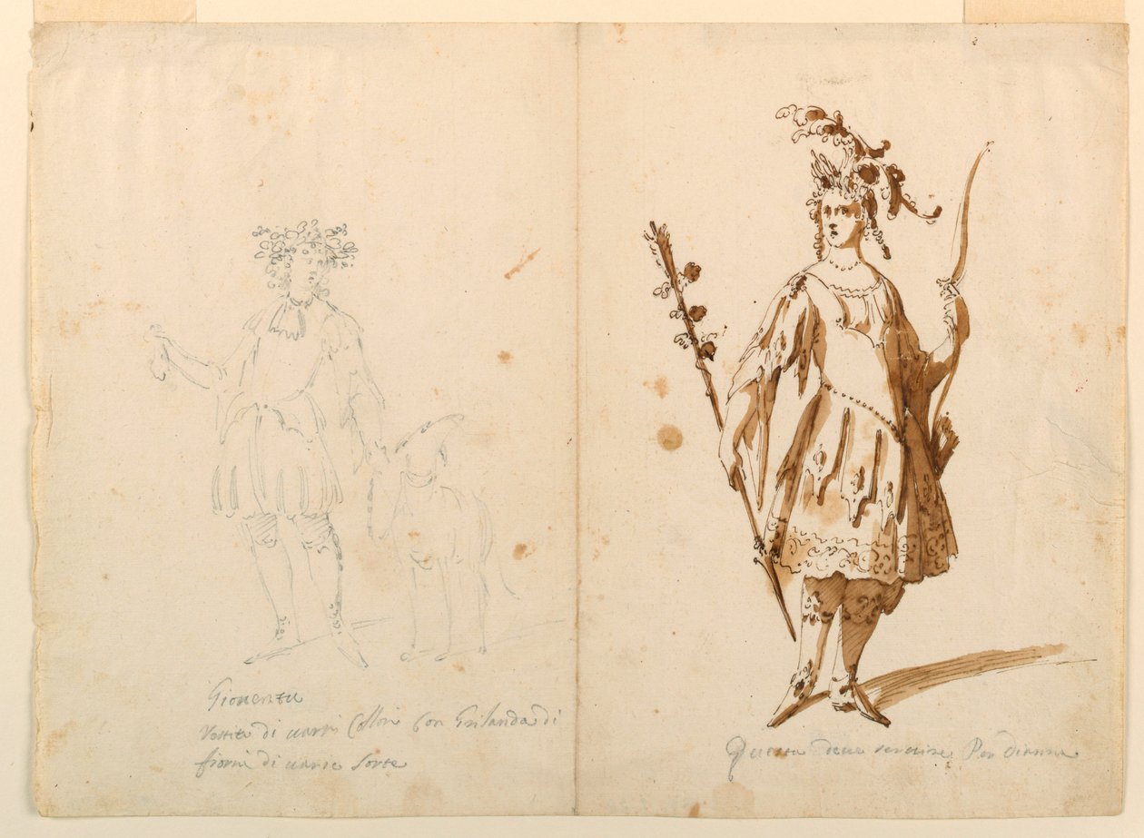 Zeichnung, Kostümentwurf: Jugend und Diana für ein Ballett, ca. 1720 von Unknown artistUnknown artist
