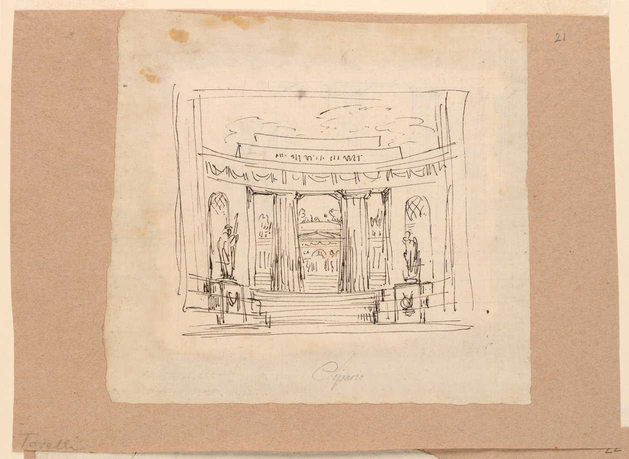 Vorhangdesign, geschwungenes Tor antike Architektur, frühes 19. Jh. von Unknown artistUnknown artist