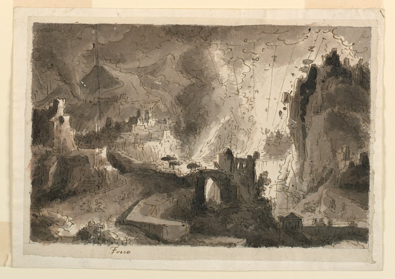 Zeichnung, Bühnenbild, Stadt in Flammen, ca. 1810–20 von Unknown artistUnknown artist