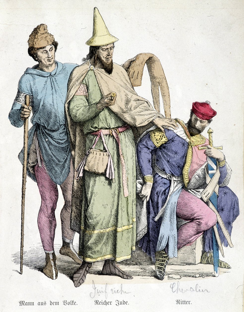Kostüme des 11. Jahrhunderts: Der Mann mit dem Stock, der reiche Jude und der Ritter. Gravur des 19. Jahrhunderts von Unknown artist