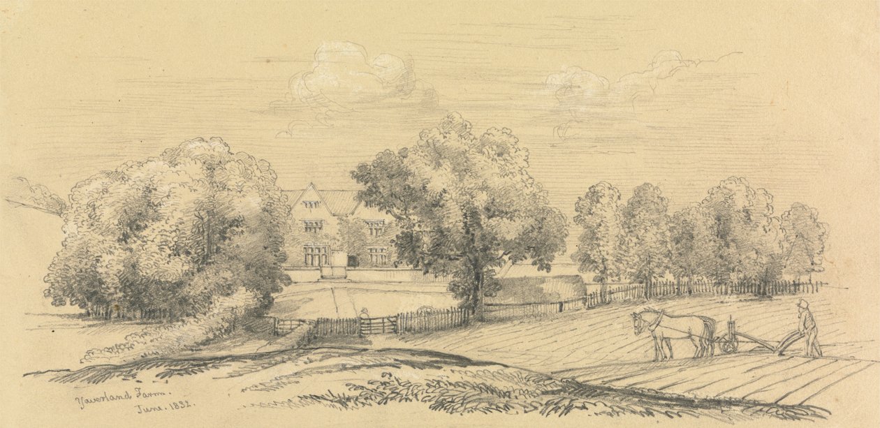 Ein Bauernhof mit Bauer, Pferd und Pflug im Vordergrund von Unknown artist