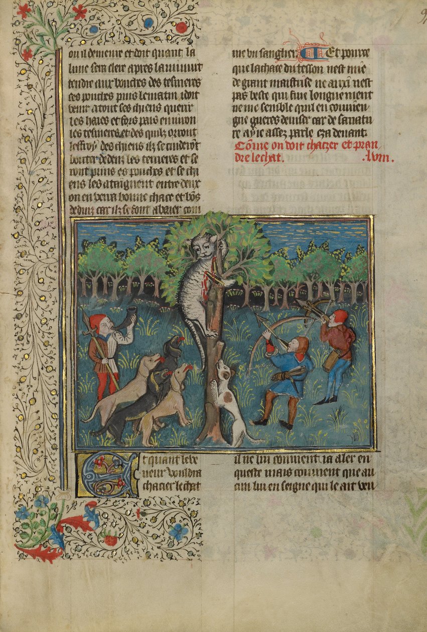 Ein Jäger und Hunde greifen eine auf einem Baum sitzende Wildkatze an von Unknown artist