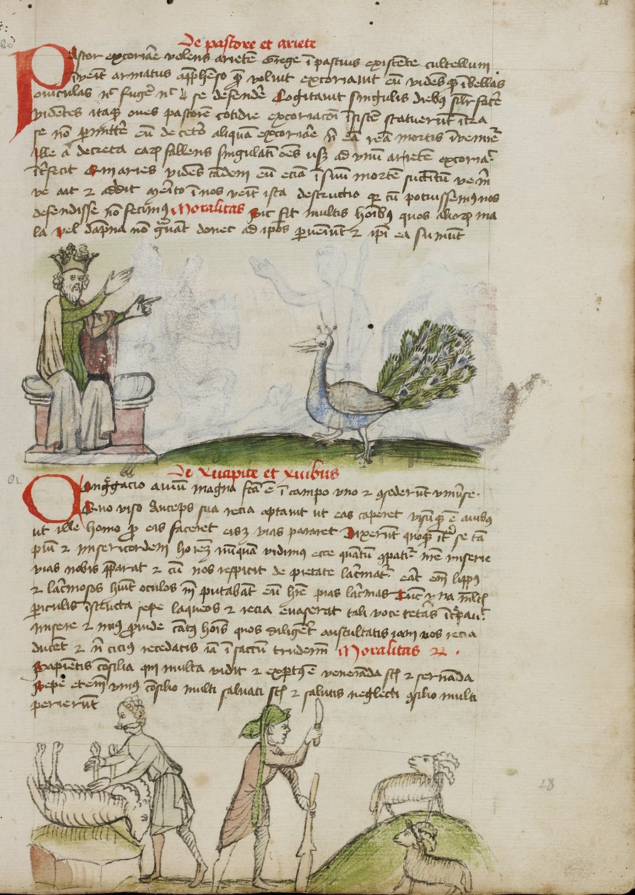 Ein König auf dem Thron spricht zu einem Pfau; Ein Hirte tötet einen Widder; Ein Hirte mit einem Stab und einem Messer vor zwei Ziegen von Unknown artist