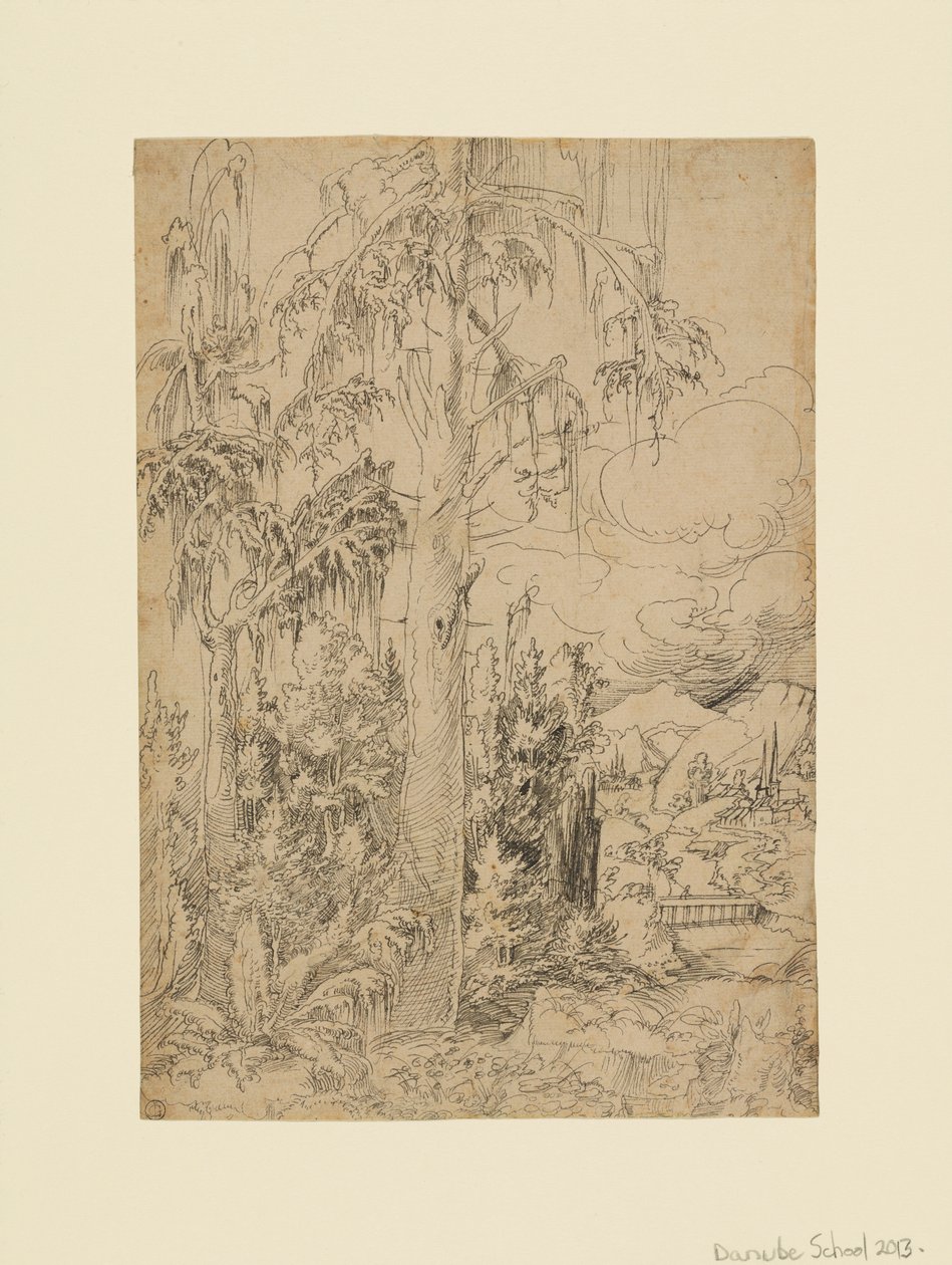 Waldlandschaft mit einer Stadt hinter einer Brücke und fernen Bergen von Unknown artist