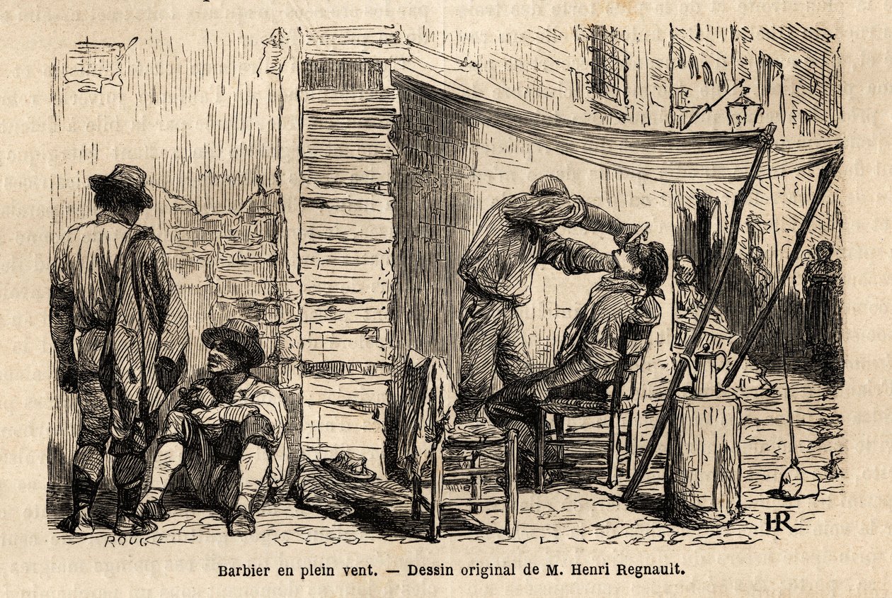 Ein Barbier im Wind in den Straßen von Rom. Gravur zur Illustration der Reise nach Rom, von Francis Wey, veröffentlicht in „Le tour du monde, nouveau journal des voyages“, unter der Leitung von Edouard Charton von Unknown artist