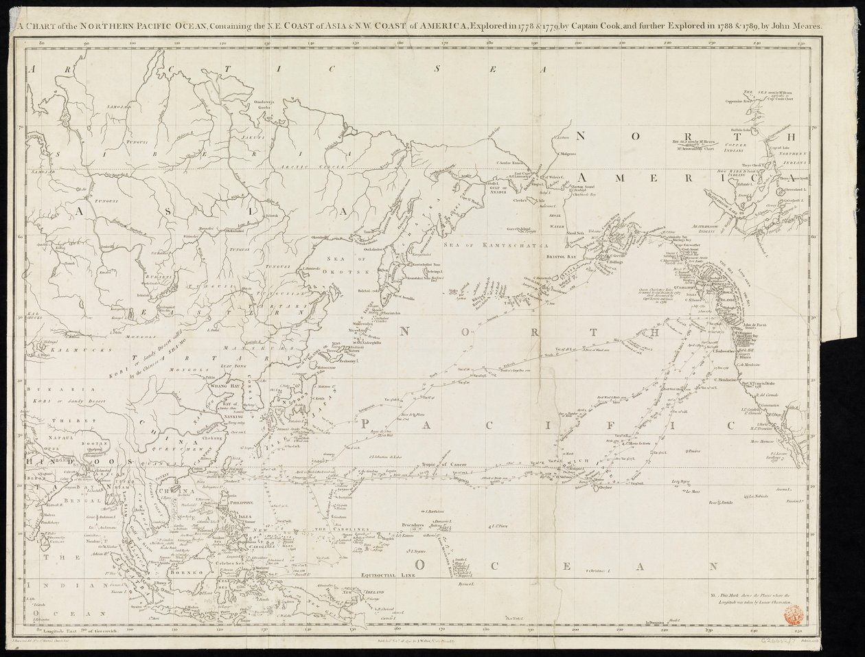 Karte des nördlichen Pazifischen Ozeans mit der NE-Küste Asiens und der NW-Küste Amerikas, erforscht 1778 und 1779 von Captain Cook und weiter erforscht 1788 und 1789 von John Meares von Unknown artist