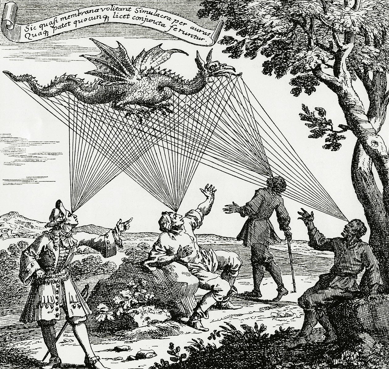 Ein Drache aus verschiedenen Blickwinkeln, basierend auf einem Kupferstich aus Zahns „Oculus artificialis teledioptricus“ von Unknown artist