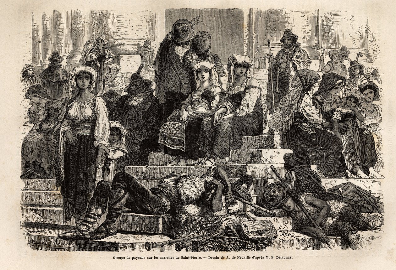 Eine Gruppe von Bauern und Hirten versammelt sich zur Feier der Karwoche auf den Stufen von St. Peter im Vatikan. Gravur zur Illustration der Geschichte der Karwoche in Rom, im Jahr 1863, von Ludovic Celler, in „Le tour du monde, nouveau journal des voyage von Unknown artist