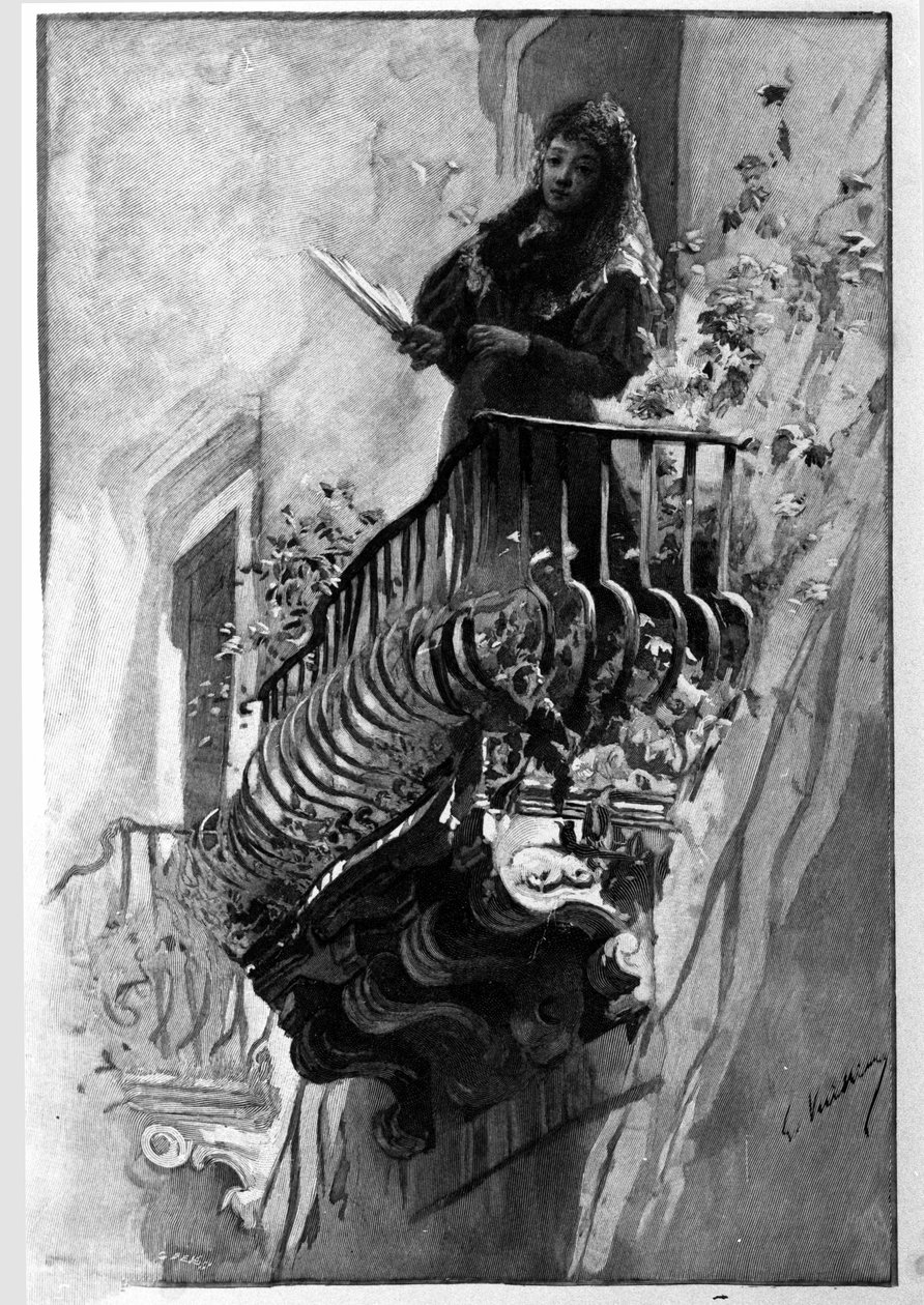 Eine hübsche Frau hat ihren blumengeschmückten Balkon an einem Sommerabend in Syrakus. Sizilien, Gravur aus dem 19. Jahrhundert von Unknown artist