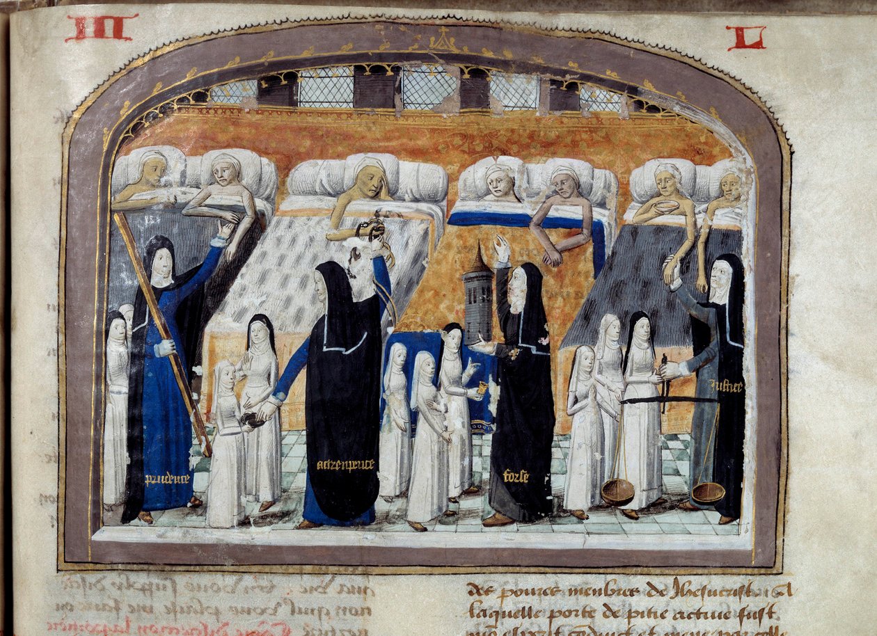 Ein Raum des Hôtel-Dieu in Paris, gefüllt mit Kranken, die von Nonnen betreut werden. Jede Nonne symbolisiert eine Tugend, die für die Betreuung der Kranken notwendig ist: Klugheit, Stärke, Gerechtigkeit. Miniatur aus einem Manuskript von 1482. Paris. Muse von Unknown artist
