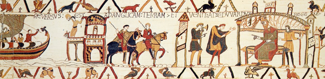 Eine Szene aus dem Teppich von Bayeux, die König Edward zeigt, wie er mit Harold spricht von Unknown artist