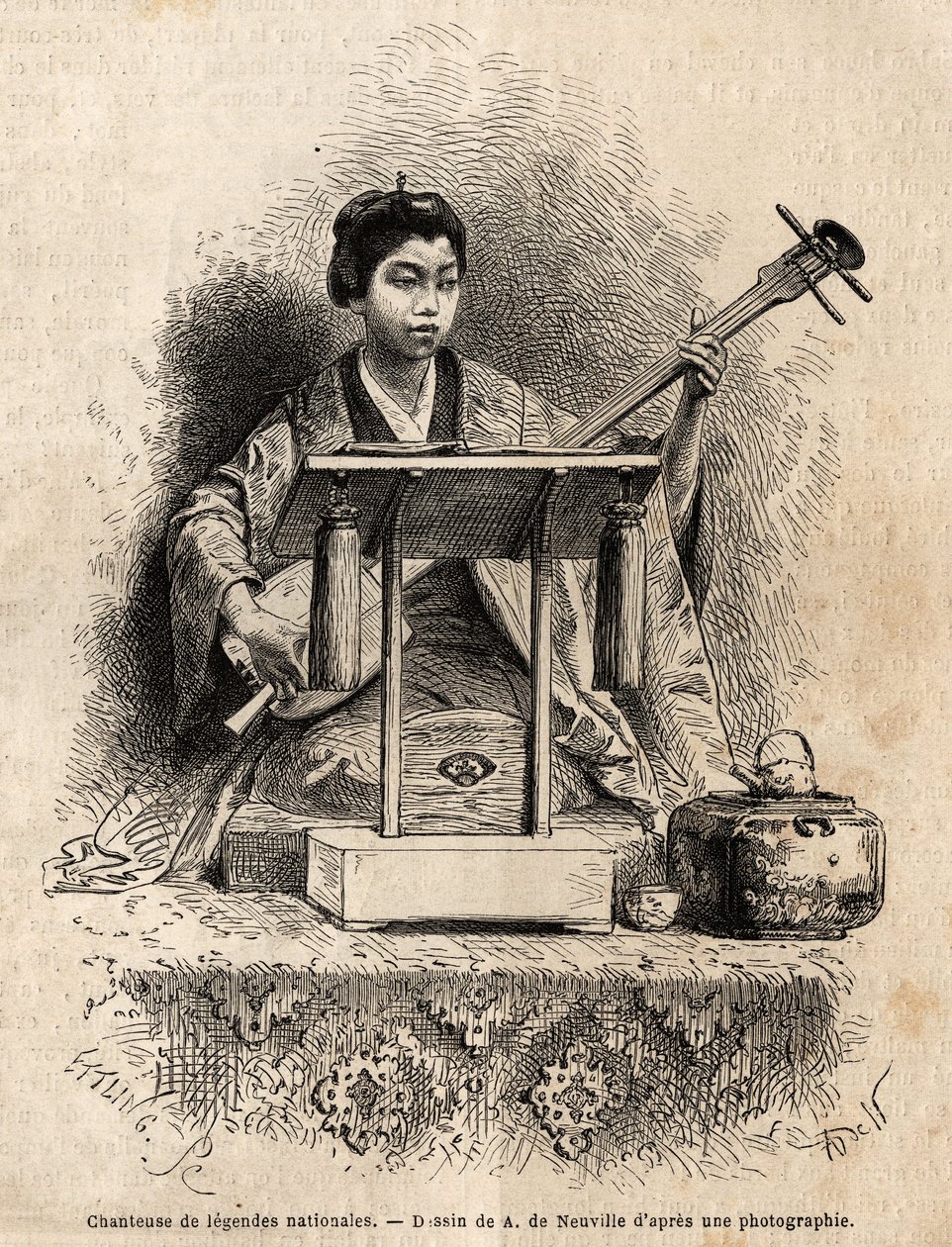 Eine Sängerin nationaler Legenden, spielt Shamisen zur Begleitung ihres Liedes, sitzt hinter ihrem Schreibtisch. Gravur zur Illustration der Reise nach Japan, 1863-1864, von Aime Humbert, Minister der Schweizerischen Eidgenossenschaft, in „Le tour du monde von Unknown artist