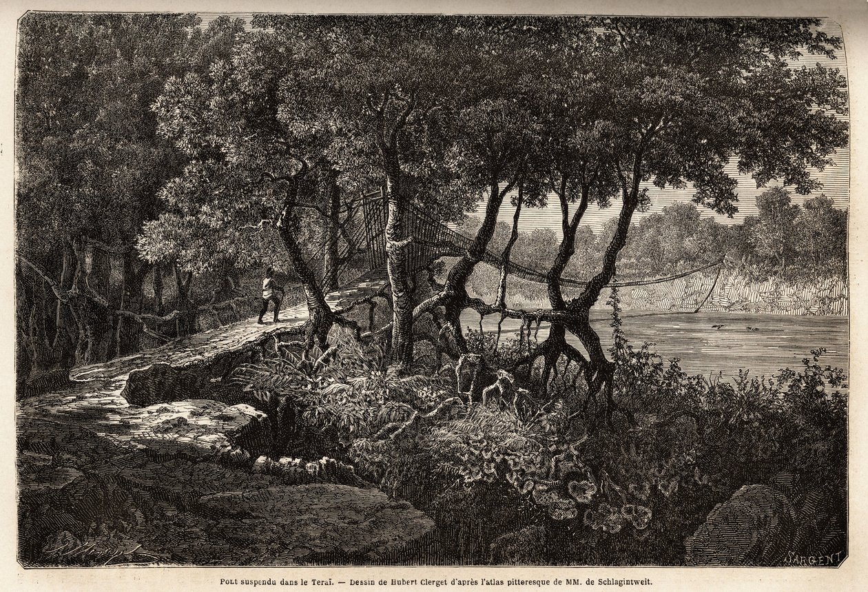 Eine Hängebrücke im Terai ("Feuchtgebiet"), diese Gegend aus sumpfigen Wiesen bildet die Basis des Himalayas und grenzt südlich an die indische Grenze. Illustration der Erkundung Oberasiens von 1854 bis 1857, von den Schlagintweit-Brüdern von Unknown artist