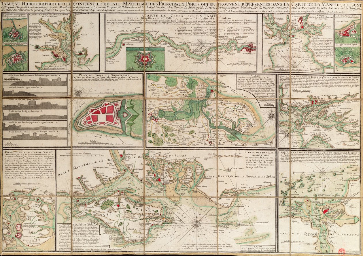 Tabelle mit Details der wichtigsten Seehäfen, die auf der Karte des Ärmelkanals dargestellt sind, um 1780 von Unknown artist
