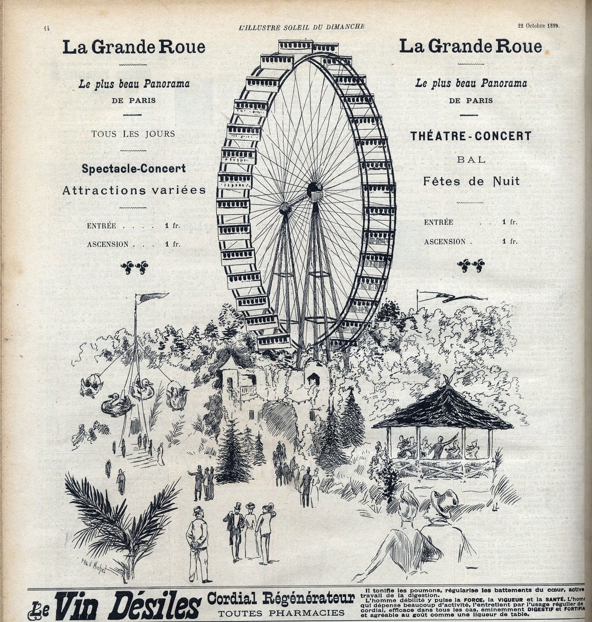 Werbung für das Riesenrad in Paris, das das schönste Panorama der Stadt für 1 Franc bietet. Gravur in „Le sun-du-dimanche“ von Unknown artist