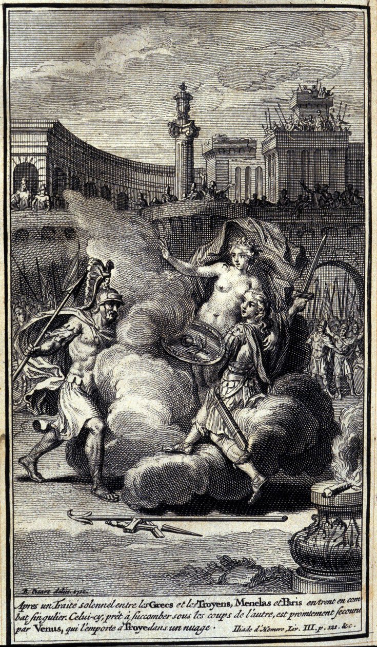 Nach einem feierlichen Abkommen zwischen den Griechen und den Trojanern traten Menelaos und Paris in einen Einzelkampf. Dieser, bereit unter den Schlägen des anderen zu erliegen, wird von Venus gerettet, die ihn in einer Wolke nach Troja bringt. Illustrati von Unknown artist