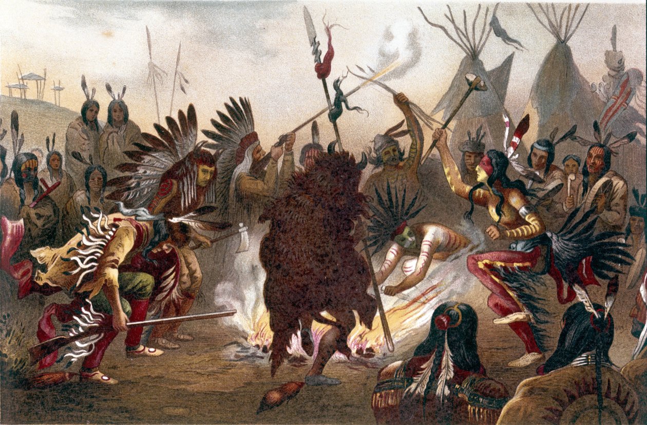 Amerikanisches Indianerritual (Südliche Dakota-Ebenen-Indianer): Sioux-Kriegstanz. Chromolithographie aus „Die menschliche Rasse“ von Ratzel, ca. 1890 von Unknown artist