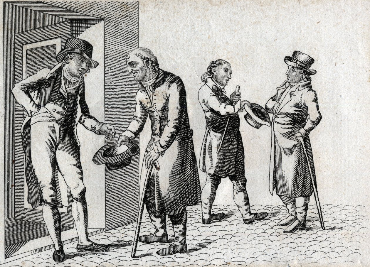 Amone. Bettler, die Hüte ausstrecken, um Münzen zu sammeln. Gravur Ende des 18. Jahrhunderts. Private Sammlung von Unknown artist