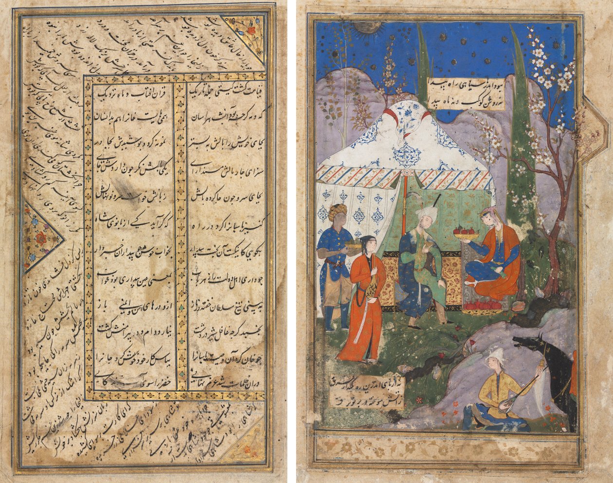 Eine Episode aus der Geschichte des sassanidischen Königs Khusrau und seiner Geliebten Shirin, aus einem Khamsa (Quintett) von Nizami (1141–1209) (verso); Persische Verse aus einem Haft Awrang (Sieben Throne) von Jami (gest. 1492) (recto) von Unknown artist