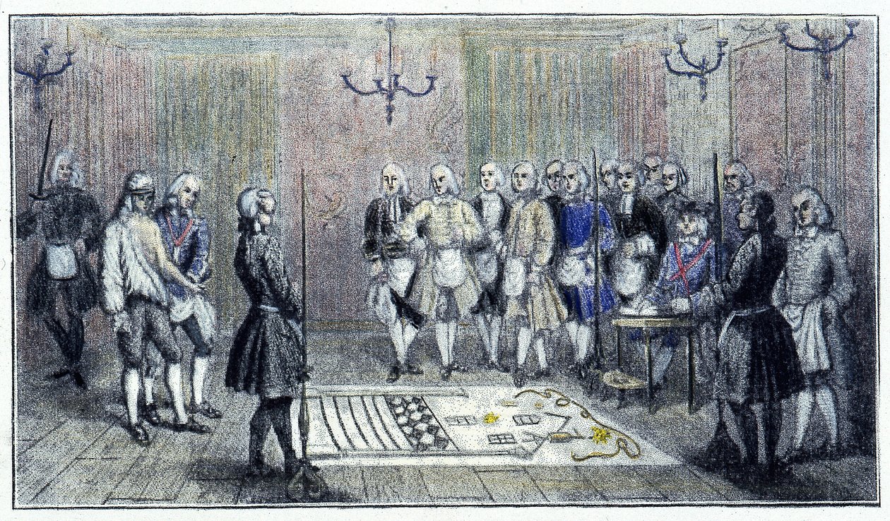 Eine Lehrlingsloge in Paris, um 1740: Diese Szene zeigt die Aufnahme eines „Lehrlings“ Freimaurers (auf dem Boden das Gemälde der Lehrlingsloge) - nach einer Gravur der Zeit. von Unknown artist