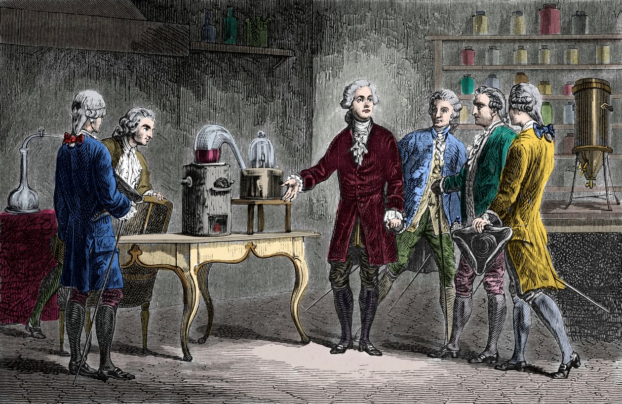 Antoine Laurent Lavoisier (1743-1894) führt die Zersetzung der Luft 1776 durch - Antoine Laurent Lavoisier, englischer Chemiker, zeigt Wissenschaftlern sein Experiment, das die Zusammensetzung der Luft 1776 enthüllte - Stich von Louis Figuier von Unknown artist