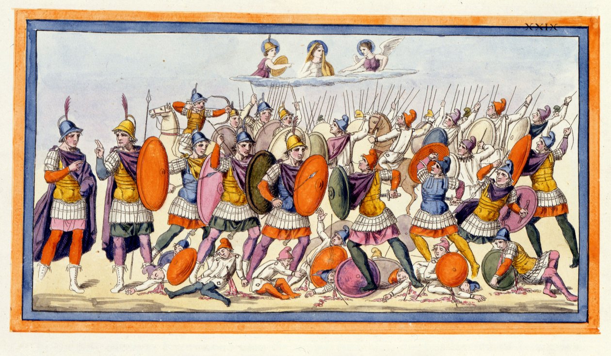 Athena und Hera unterstützen die Trojaner in ihrem Kampf gegen die Griechen. Die Ilias, Gesang VIII, Gravur aus dem späten 18. Jahrhundert von Unknown artist