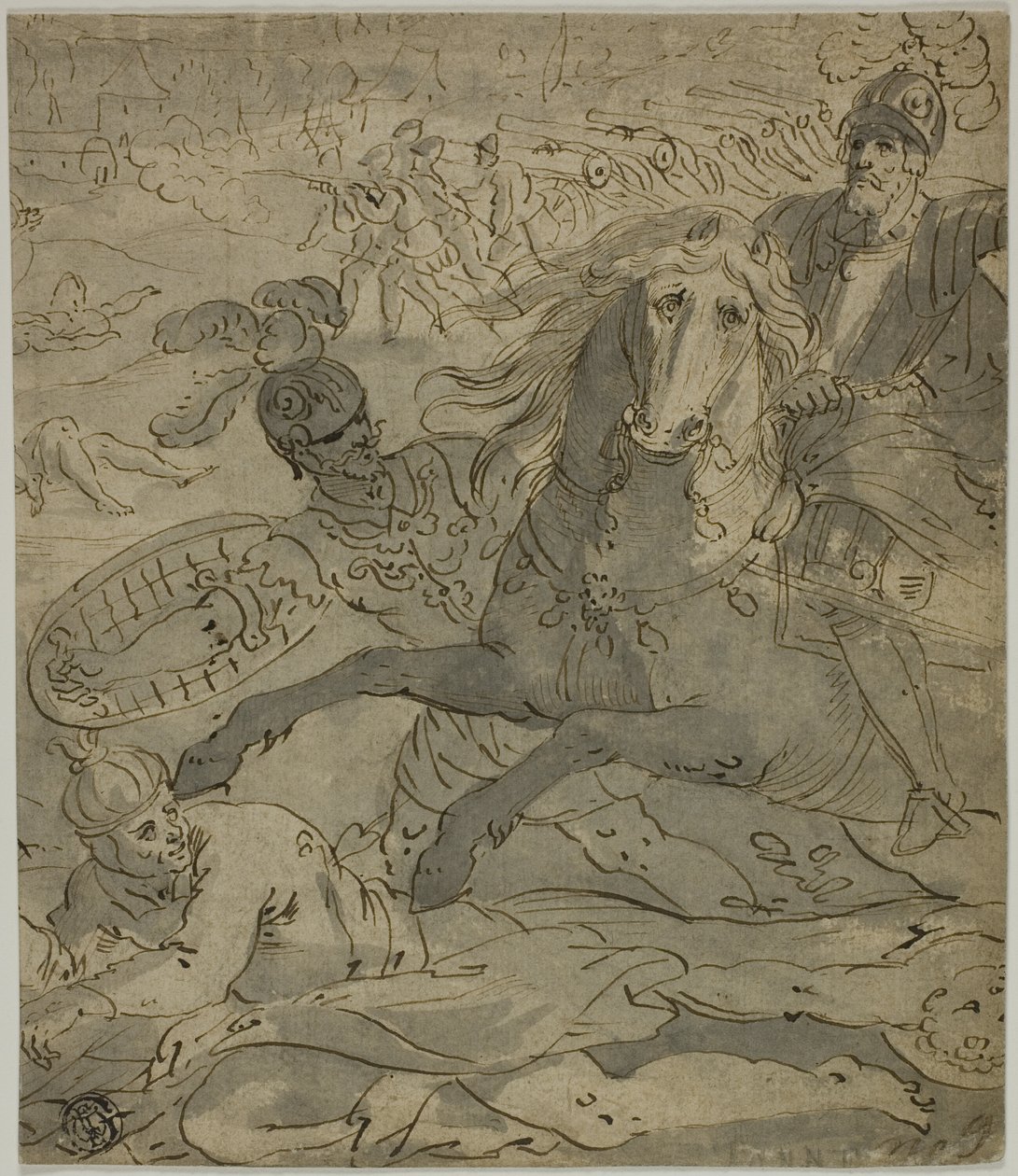 Kampfszene mit angreifendem General zu Pferd im Vordergrund, Artillerie und Kanonen im Hintergrund von Unknown artist