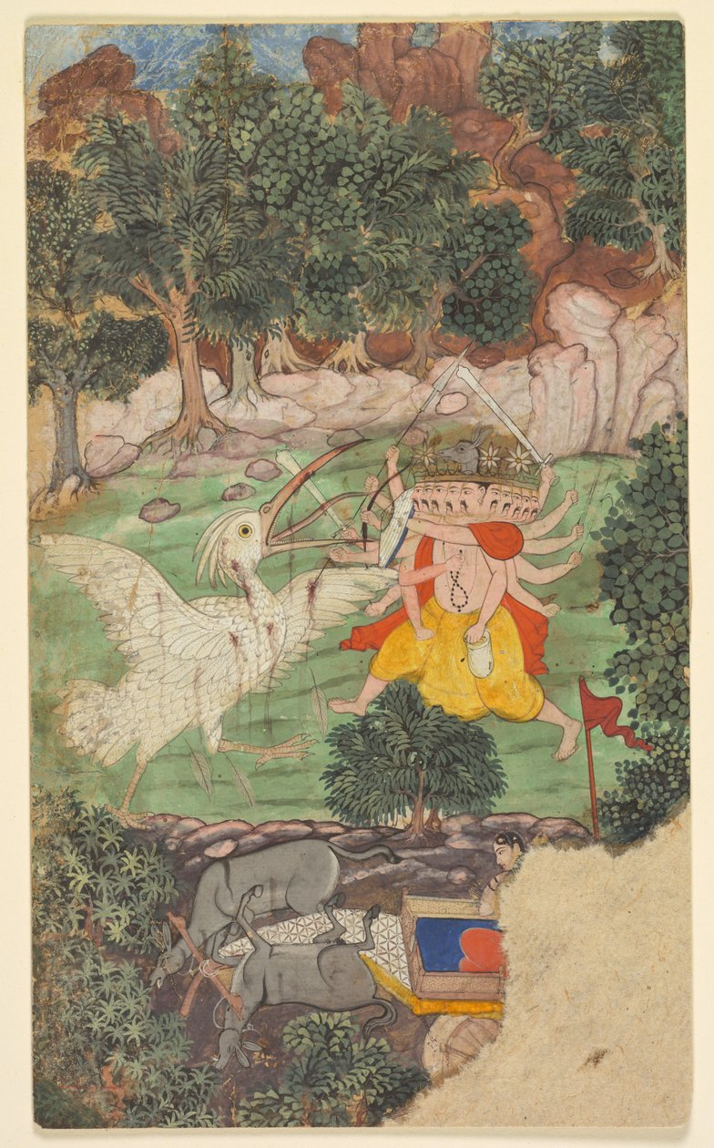 Schlacht von Ravana und Jatayu, aus dem Sarga (Kapitel) 49 des Aranya-kanda (Buch des Waldes) aus einem Ramayana (Reise von Rama) von Valmiki (Inder, aktiv ca. Mitte 1000 v. Chr.) von Unknown artist