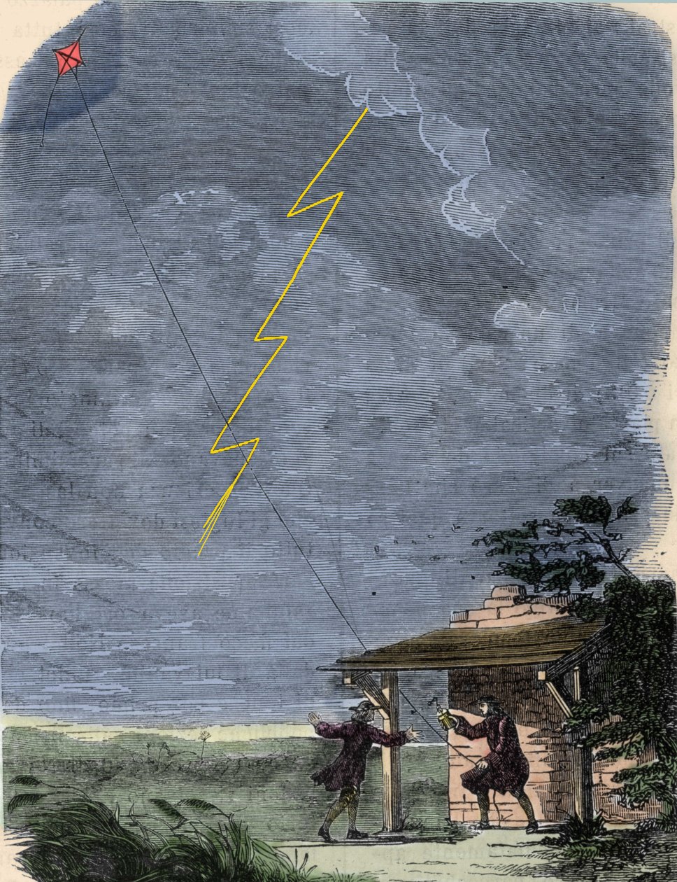 Benjamin Franklin, Philosoph, Physiker und amerikanischer Botschafter, experimentiert mit seinem Blitzableiter, der an einem Drachen befestigt ist. September 1752. von Unknown artist