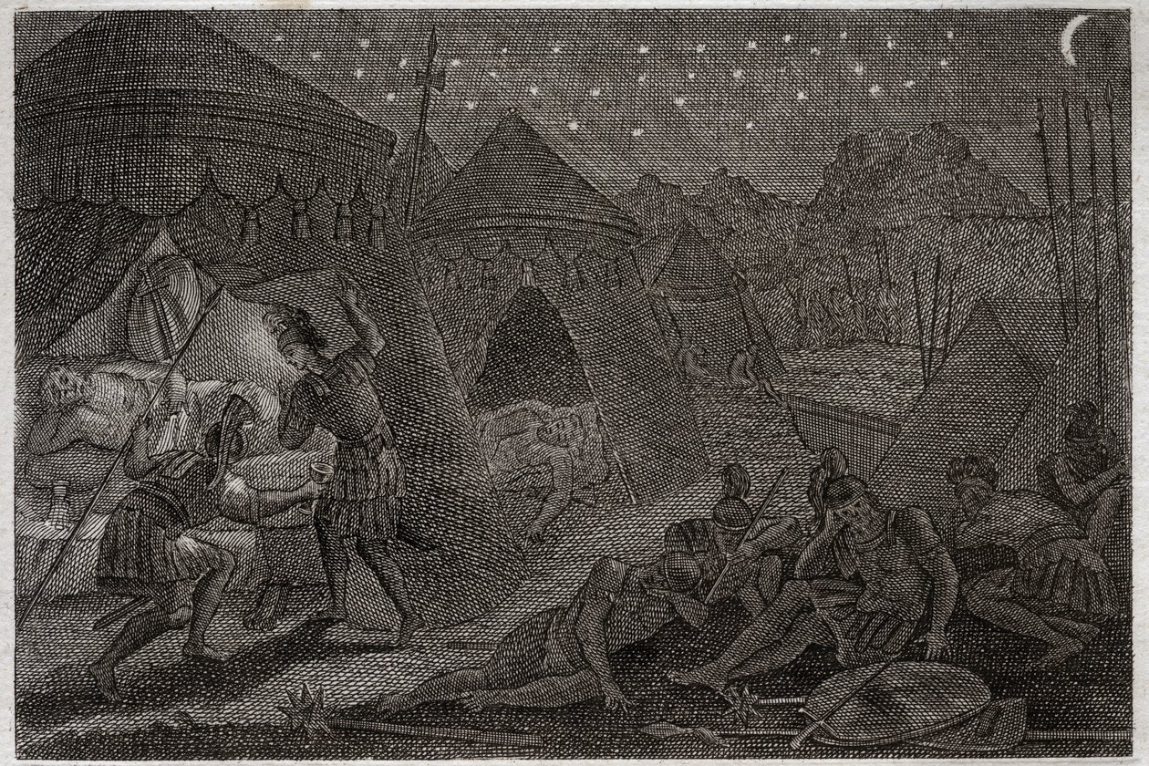 Bibel von Royaumont, Altes Testament: David rettet Saul. David hat Saul in seiner Hand, aber er verletzt ihn nicht. Er nimmt nur den Speer und seinen Becher. Illustration von 1811. von Unknown artist