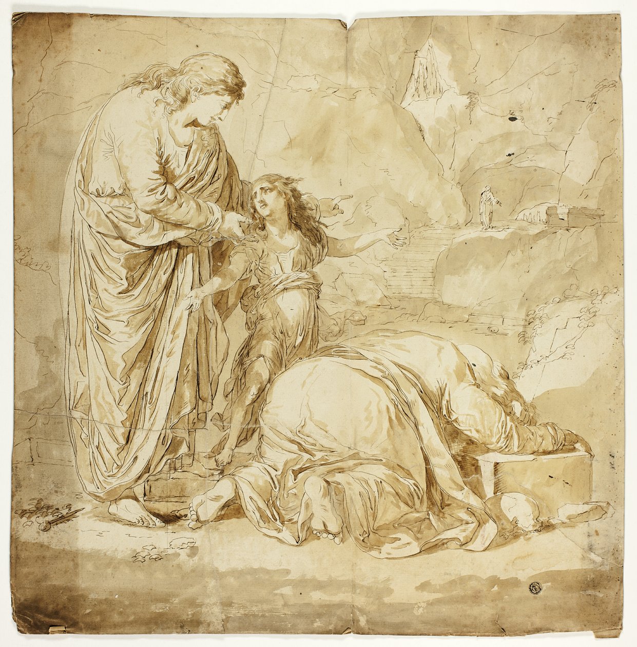Biblische Szene mit zwei Frauen und Kind im Vordergrund von Unknown artist