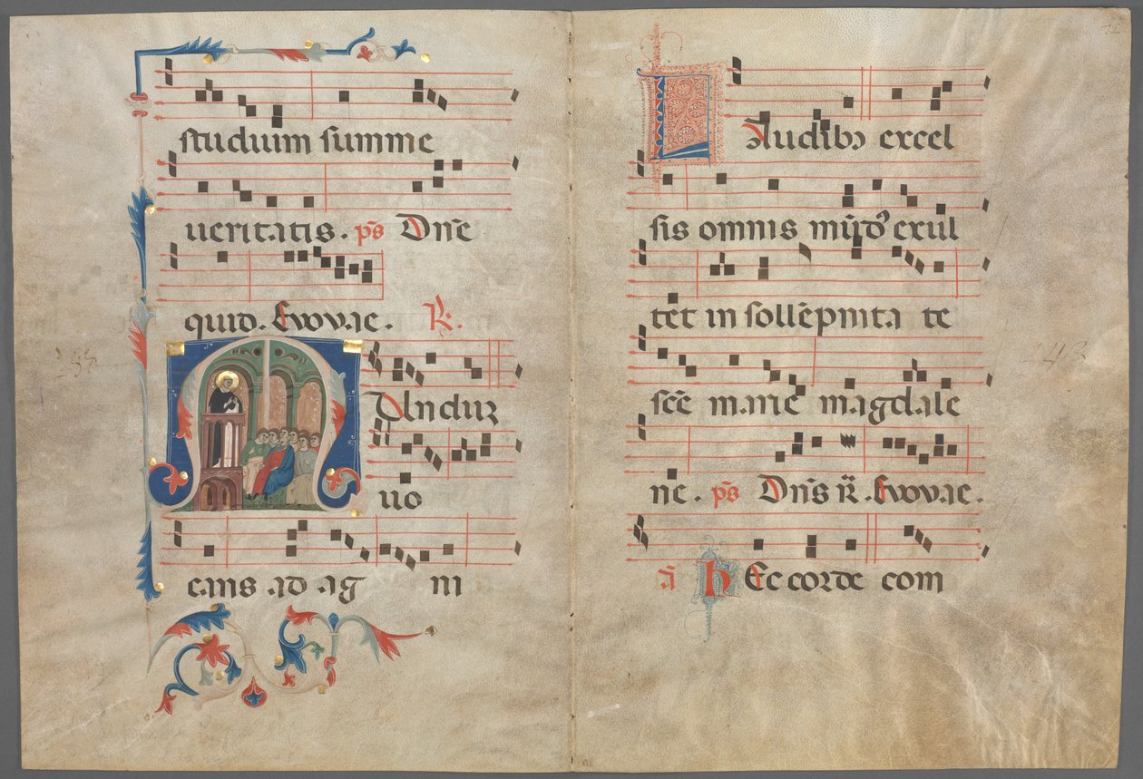 Bifolium aus einem Antiphonar: Initiale M mit dem predigenden Heiligen Dominikus und Musik von Unknown artist