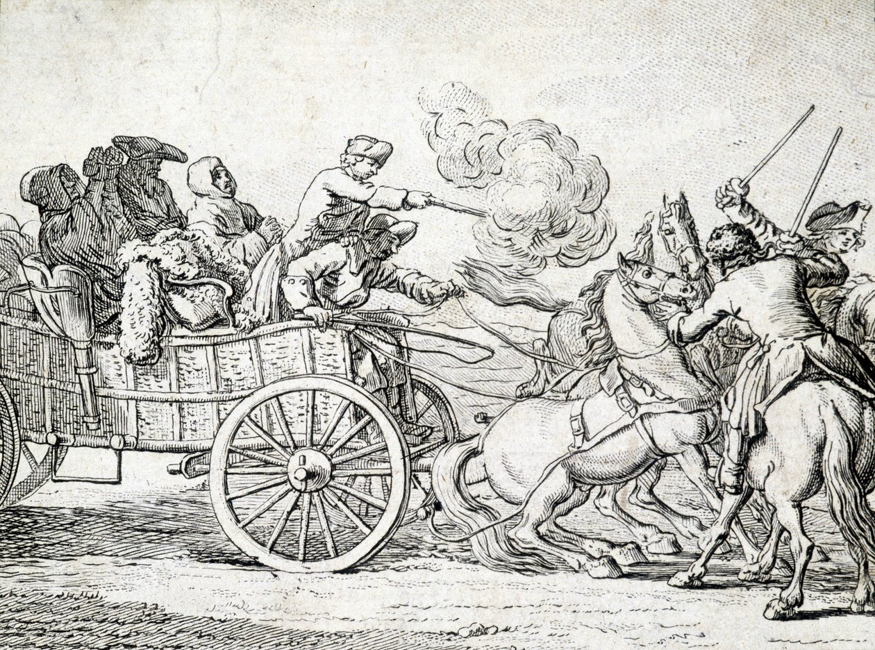 Räuber greifen Passagiere auf einem Wagen an. Gravur eines anonymen Künstlers des 18. Jahrhunderts von Unknown artist