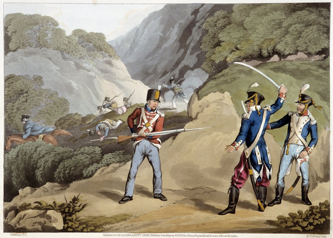 Britischer Soldat erobert zwei französische Offiziere in der Schlacht der Pyrenäen - in „Historische, Militärische und Marine-Anekdoten...“ von Edward Orne. von Unknown artist